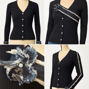 Escada Ribbed Cardigan Black Denim Look Sleeve Trim White Fringe Women’s 36 S